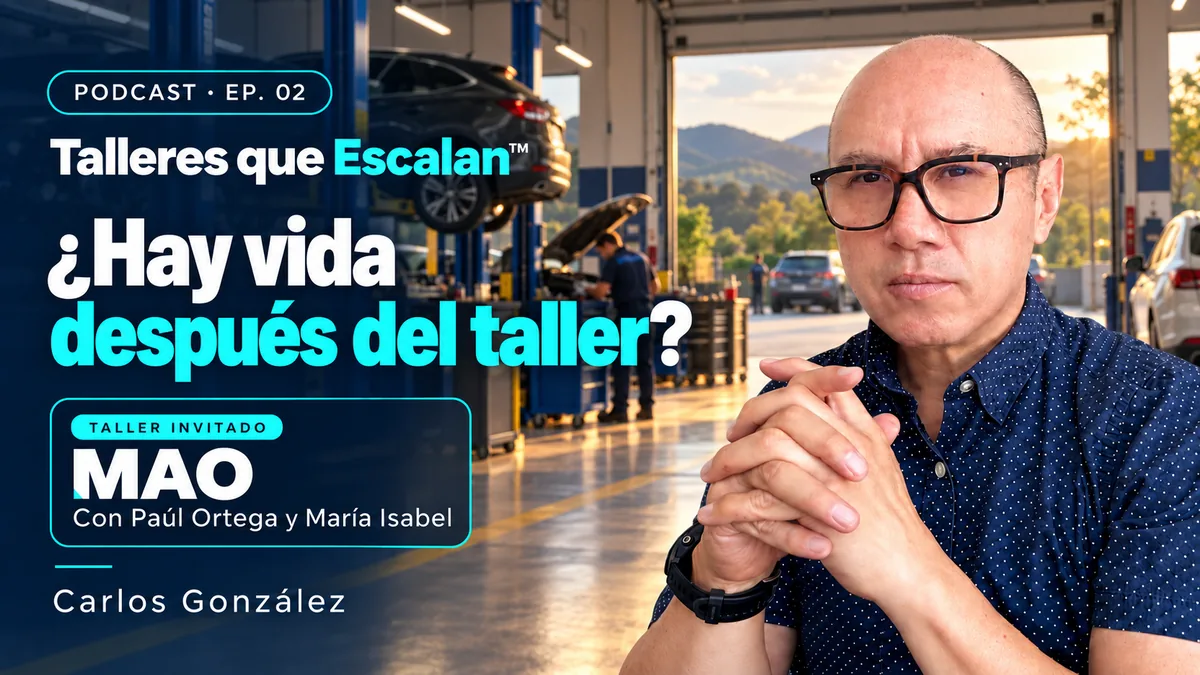 Carlos González en la portada de Talleres que Escalan™, episodio 2: ¿Hay vida después del taller?, con Paúl Ortega y María Isabel de MAO.
